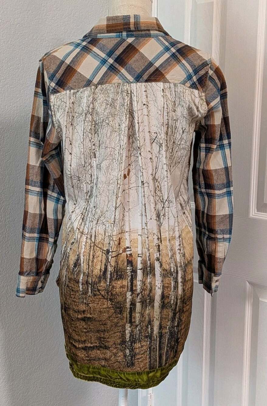 Aratta Silent Journey Top Shirt MED Plaid Forest Boho Taylor Swift Velvet Trim